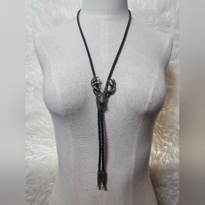 Vintage Stag Head Bolo Tie Necklace Black Braided Leather Western Fashion